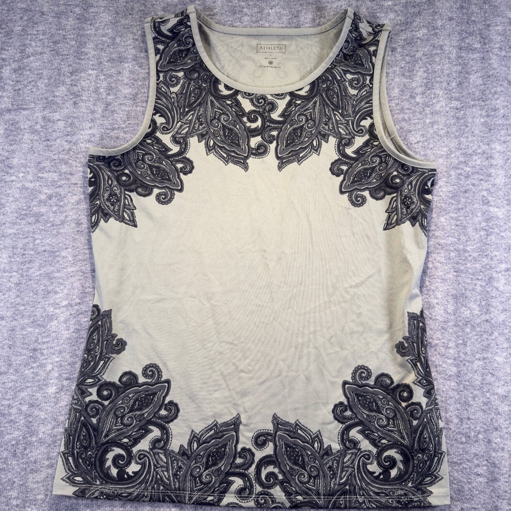 Athleta Womens Tank Gray Black Paisley Large Exercise Shirt Work Out